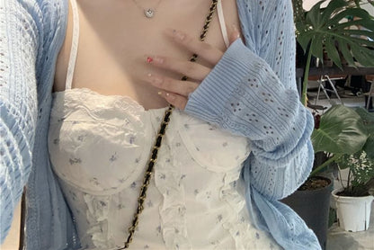 Spaghetti Strap Floral Print Ruffle Mini A-Line Dress / Plain Pointelle Cardigan