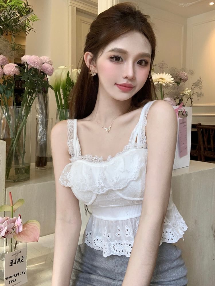 Plain Embroidered Eyelet Peplum Panel Lace Camisole Top