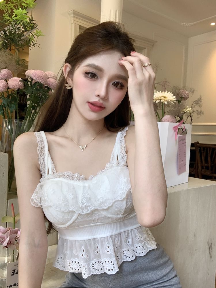 Plain Embroidered Eyelet Peplum Panel Lace Camisole Top