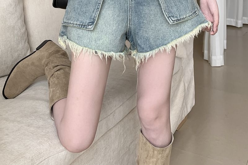 High Waist Washed Fray Mini Denim Shorts