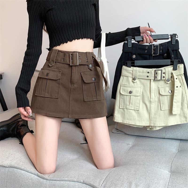 High Waist Plain Belted Mini Denim Cargo Skort