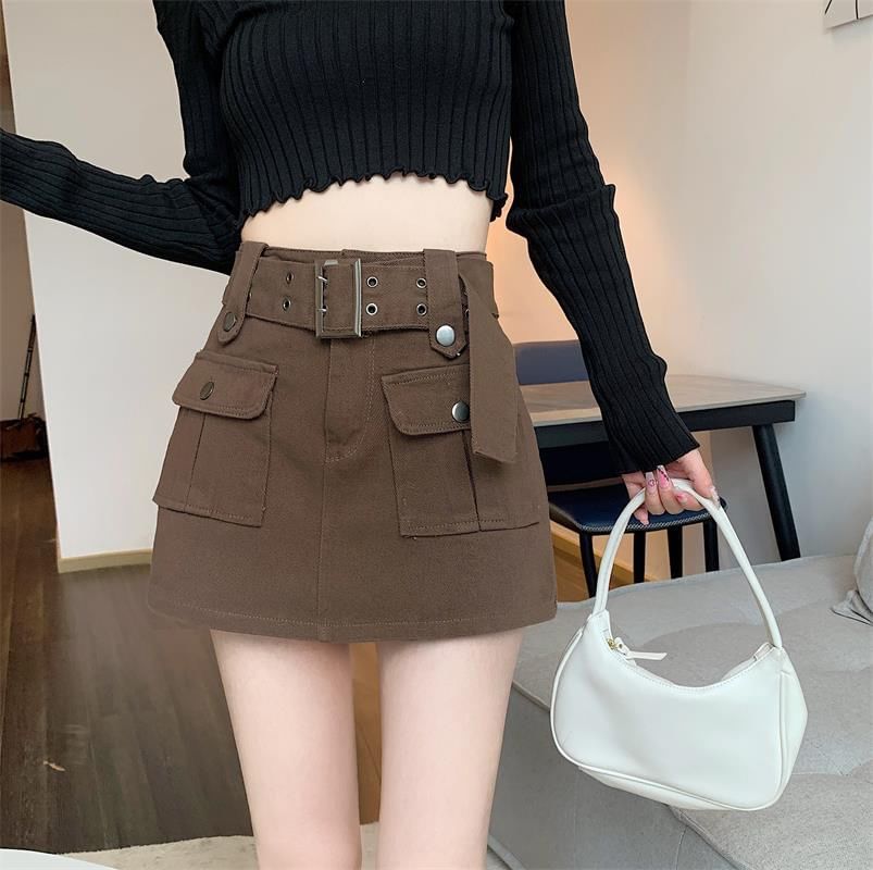 High Waist Plain Belted Mini Denim Cargo Skort