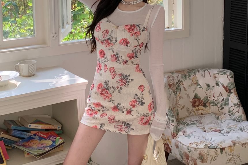 Spaghetti Strap Floral Print Lace Mini Sheath Dress / Long-Sleeve Round Neck Plain T-Shirt