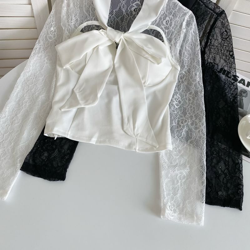 Bow Neck Lace Panel Blouse