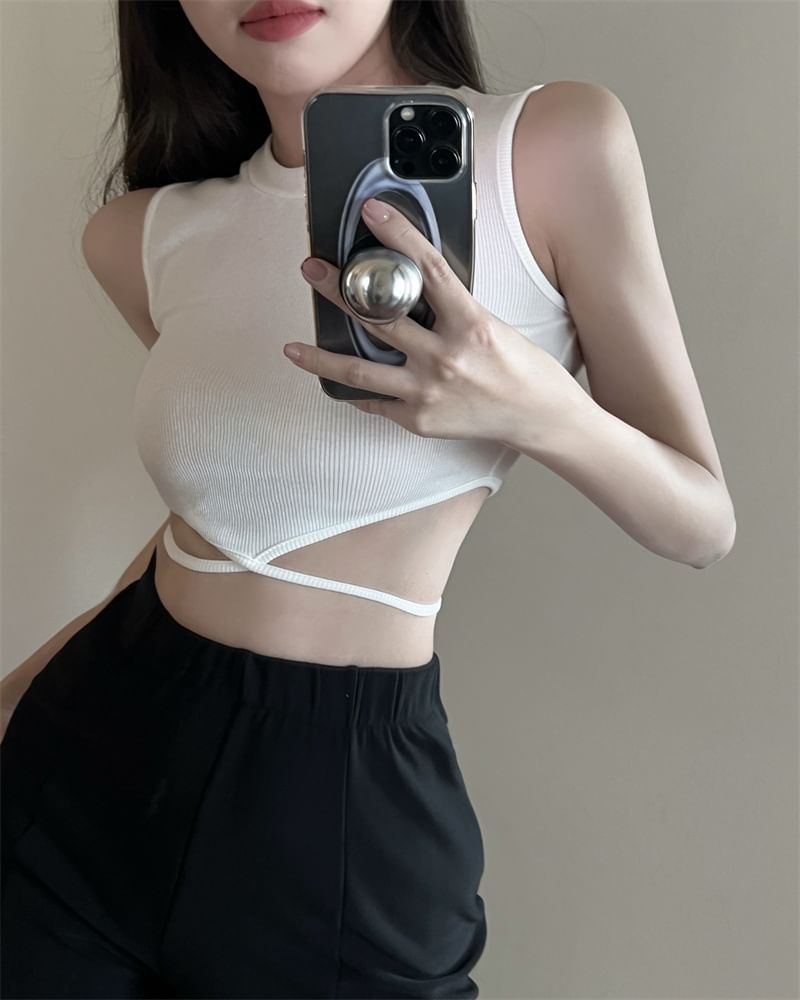 Crew Neck Plain Criss Cross Tie Back Crop Tank Top