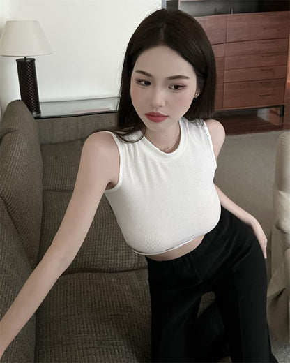 Crew Neck Plain Criss Cross Tie Back Crop Tank Top