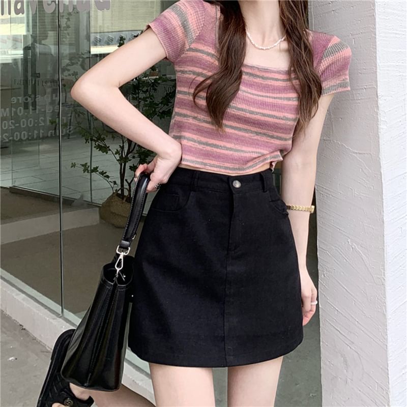 High Waist Plain Mini A-Line Skirt