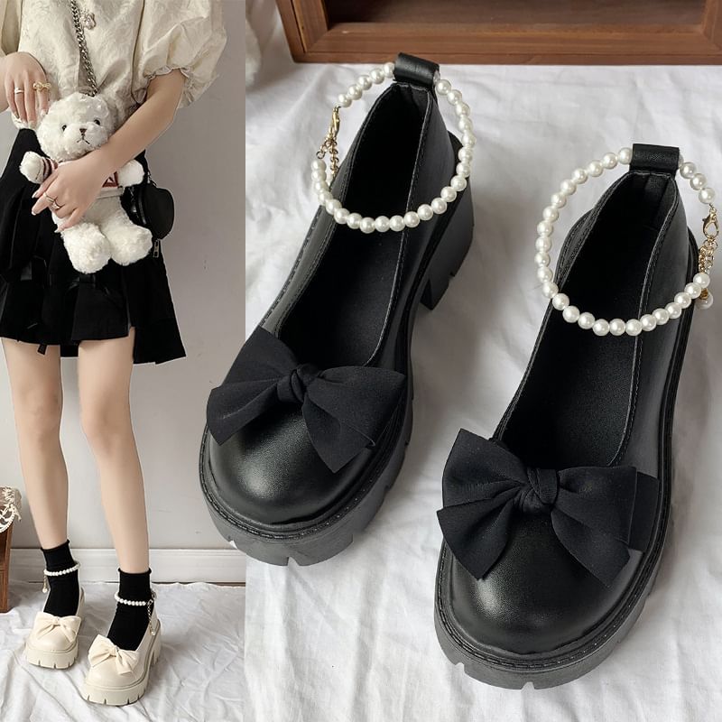 Ankle Strap Bow Platform Chunky Heel Loafers