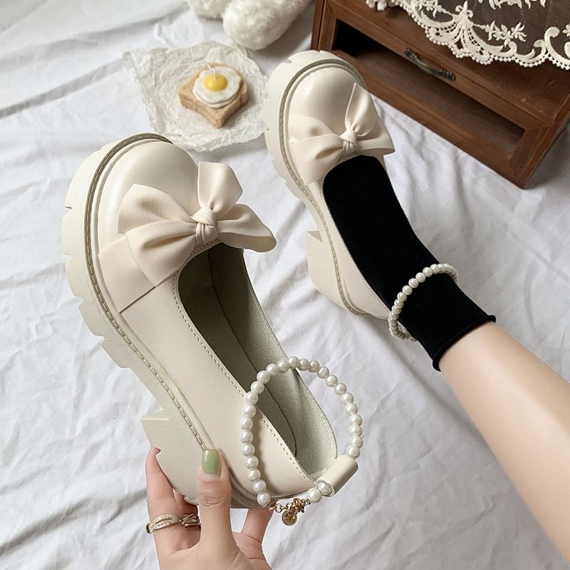 Ankle Strap Bow Platform Chunky Heel Loafers