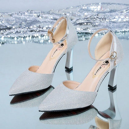 Pointed Glitter Ankle Strap Chunky Heel Sandals
