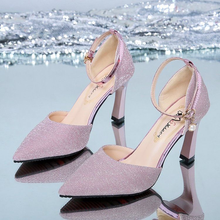 Pointed Glitter Ankle Strap Chunky Heel Sandals