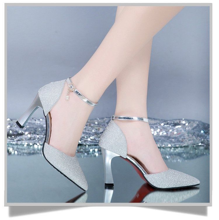 Pointed Glitter Ankle Strap Chunky Heel Sandals