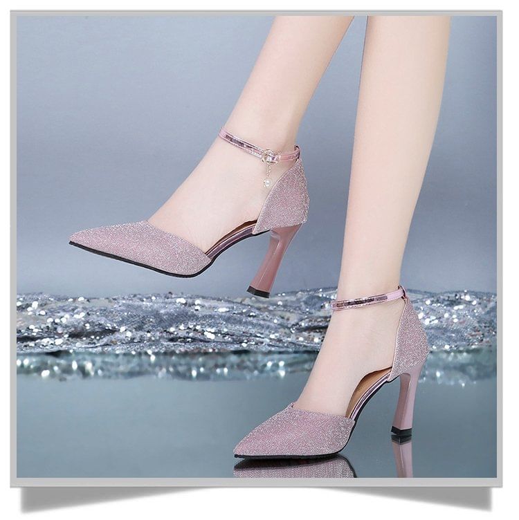 Pointed Glitter Ankle Strap Chunky Heel Sandals