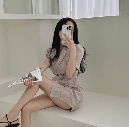 Short-Sleeve Belted Midi Blazer Dress