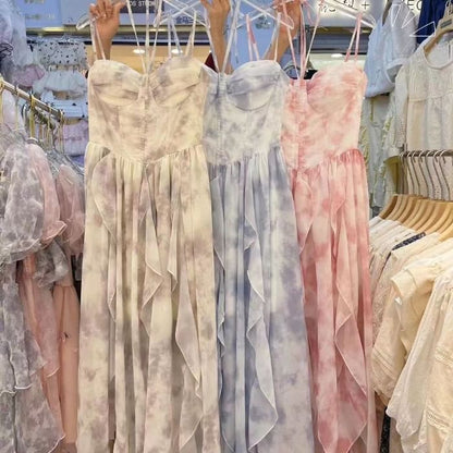 Thin Strap Tie-Dye Ruffle Maxi A-Line Dress