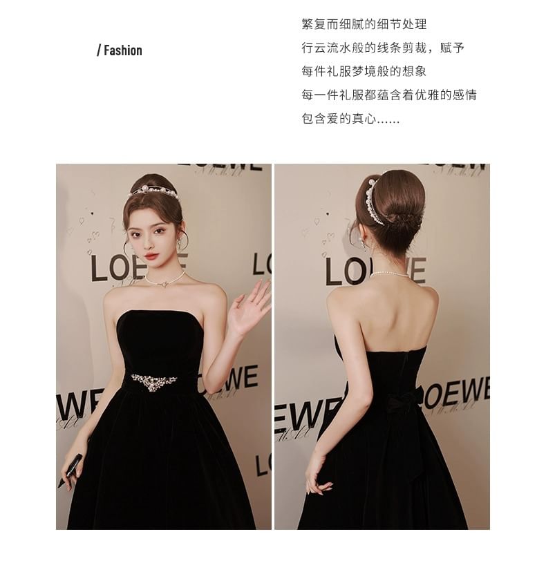 Strapless Plain Rhinestone A-Line Evening Gown