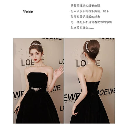 Strapless Plain Rhinestone A-Line Evening Gown