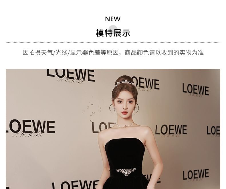 Strapless Plain Rhinestone A-Line Evening Gown