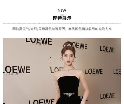 Strapless Plain Rhinestone A-Line Evening Gown