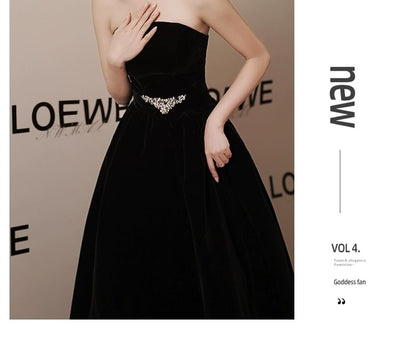 Strapless Plain Rhinestone A-Line Evening Gown