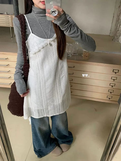 Long-Sleeve High Neck T-Shirt / Thin Strap Lace-Up Mini Overall Dress