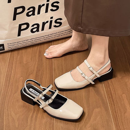 Block Square-Toe Slingback Sandals Heel Buckled