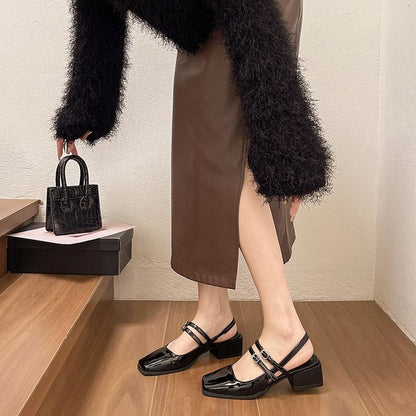 Block Square-Toe Slingback Sandals Heel Buckled