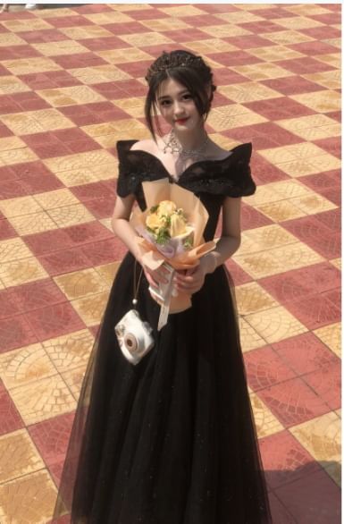 Plain Short-Sleeve Gown Shoulder Off Mesh Sequin A-Line Evening