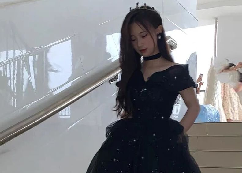 Plain Short-Sleeve Gown Shoulder Off Mesh Sequin A-Line Evening