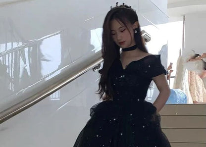 Plain Short-Sleeve Gown Shoulder Off Mesh Sequin A-Line Evening