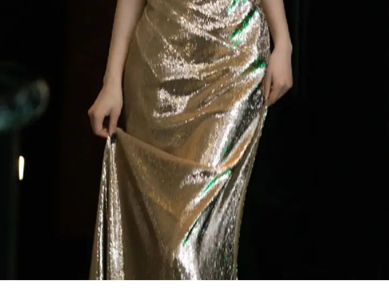 Sleeveless Cowl Neck Sequin Sheath Evening Gown