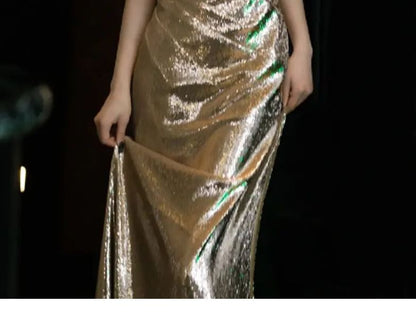 Sleeveless Cowl Neck Sequin Sheath Evening Gown