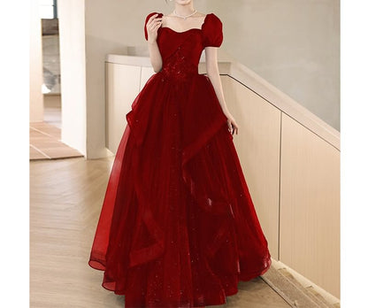 Puff-Sleeve Sweetheart-Neckline Sequined A-Line Mesh Evening Gown