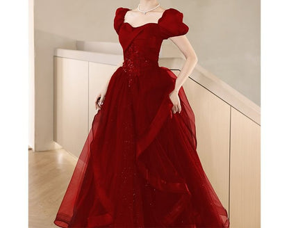 Puff-Sleeve Sweetheart-Neckline Sequined A-Line Mesh Evening Gown