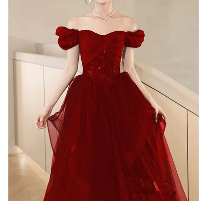 Puff-Sleeve Sweetheart-Neckline Sequined A-Line Mesh Evening Gown