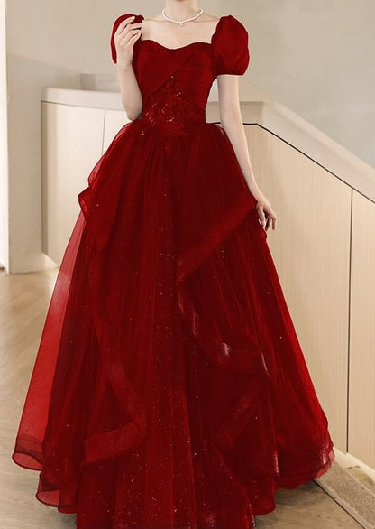 Puff-Sleeve Sweetheart-Neckline Sequined A-Line Mesh Evening Gown