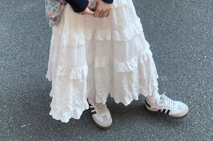 High Waist Plain Eyelet Lace Panel Tiered Midi A