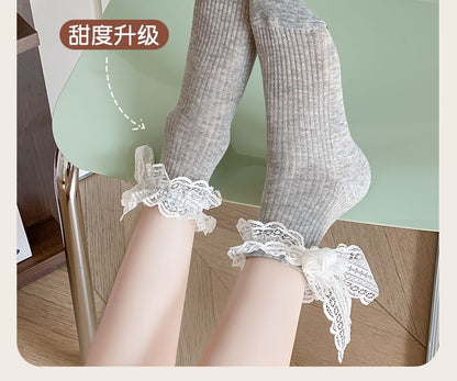 Plain Lace Ruffle Bow Socks / Set