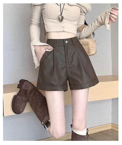 High Waist Plain Faux Leather Shorts