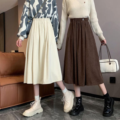 Elastic Waist Plain Pocket Midi A-Line Skirt