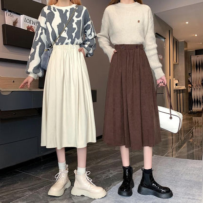 Elastic Waist Plain Pocket Midi A-Line Skirt