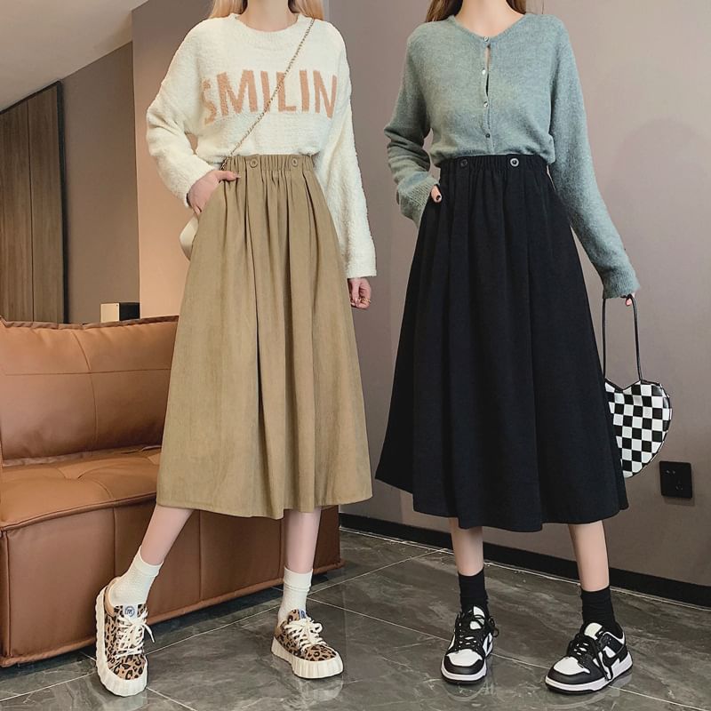 Elastic Waist Plain Pocket Midi A-Line Skirt