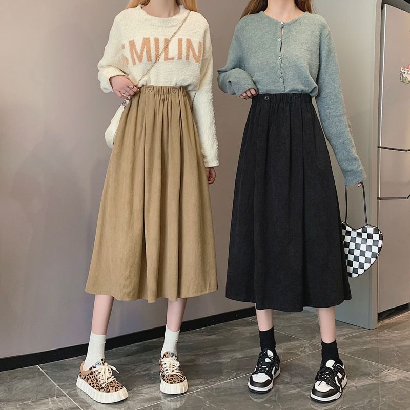 Elastic Waist Plain Pocket Midi A-Line Skirt