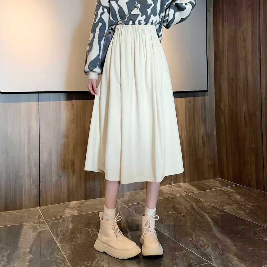 Elastic Waist Plain Pocket Midi A-Line Skirt