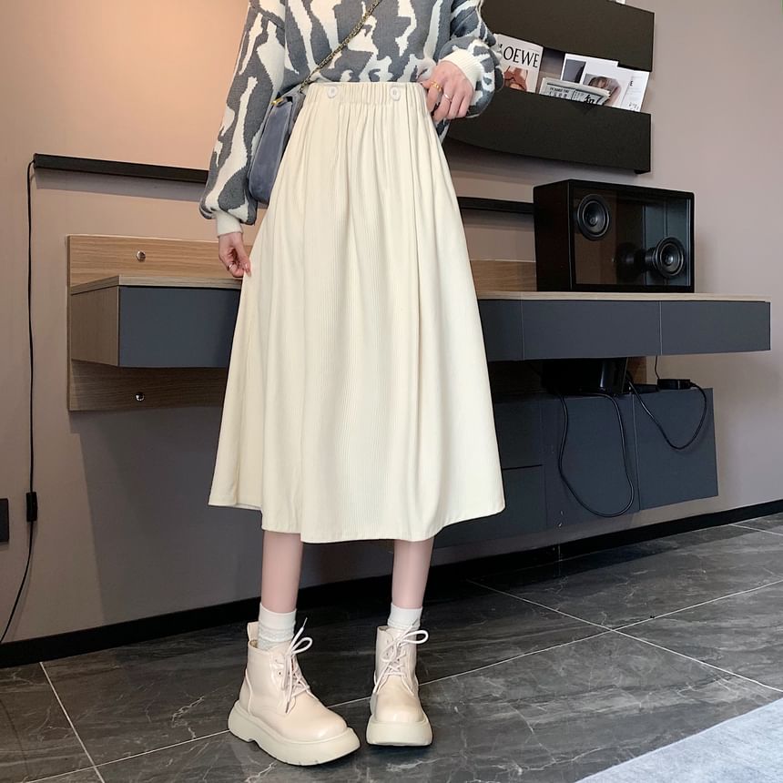 Elastic Waist Plain Pocket Midi A-Line Skirt