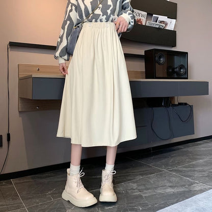 Elastic Waist Plain Pocket Midi A-Line Skirt