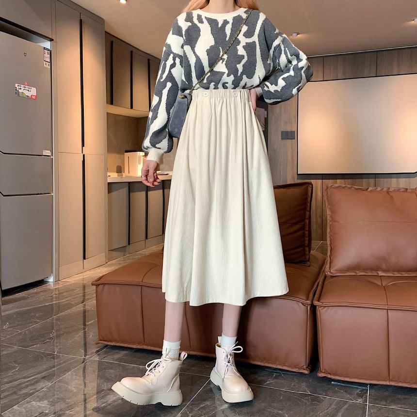 Elastic Waist Plain Pocket Midi A-Line Skirt