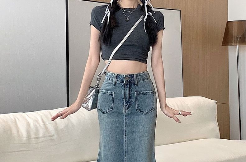 High Waist Washed Fray Midi Mermaid Denim Skirt