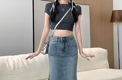 High Waist Washed Fray Midi Mermaid Denim Skirt