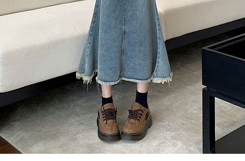 High Waist Washed Fray Midi Mermaid Denim Skirt